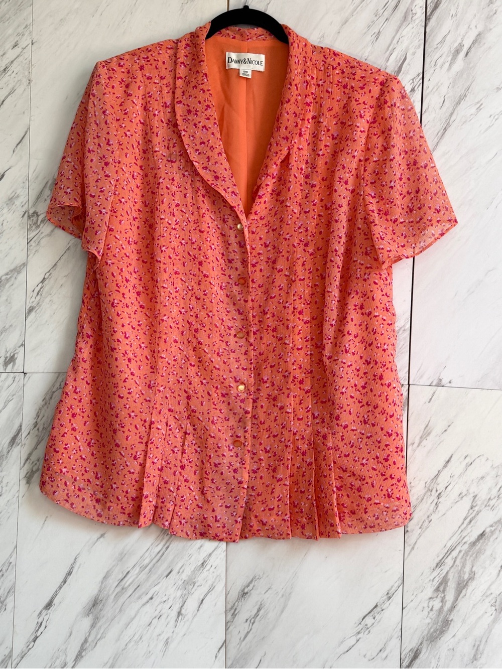 Vintage Danny & Nicole Orange Floral Pintuck Button Front Top Blouse Plus SZ 18W